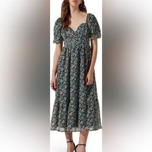 ASTR the Label Floral Sweetheart Neck Midi Dress Blue/Pink/ Black, M